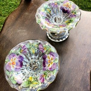 *SOLD* Floral Glass Candlestick Holders